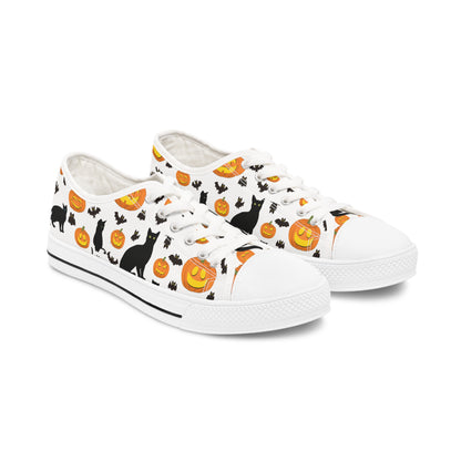 Womens Low Top Sneakers with Pumpkins Bats and Black Kitty Cat Pattern, Casual Halloween Lace Up Canvas Shoes for Fall Outfits - Printspirationz