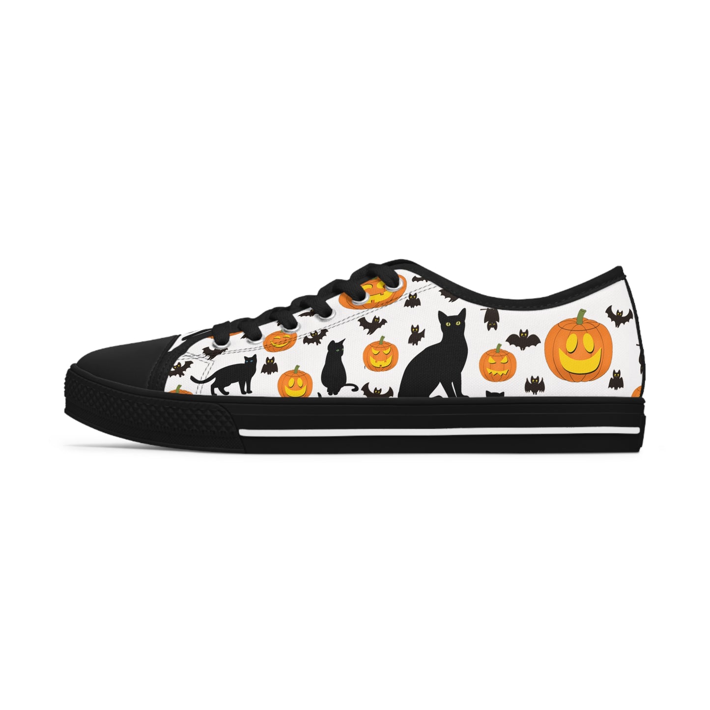 Womens Low Top Sneakers with Pumpkins Bats and Black Kitty Cat Pattern, Casual Halloween Lace Up Canvas Shoes for Fall Outfits - Printspirationz