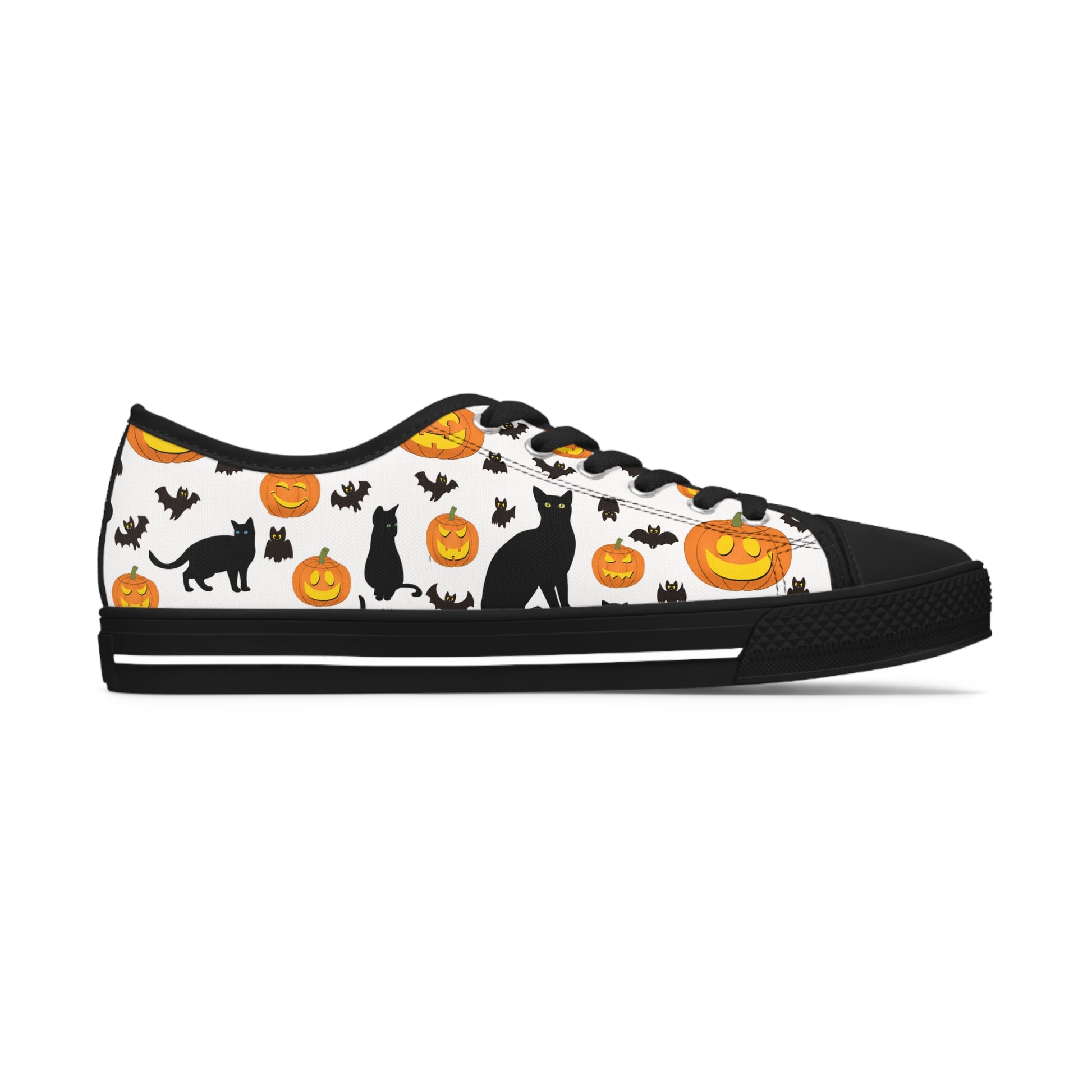 Womens Low Top Sneakers with Pumpkins Bats and Black Kitty Cat Pattern, Casual Halloween Lace Up Canvas Shoes for Fall Outfits - Printspirationz