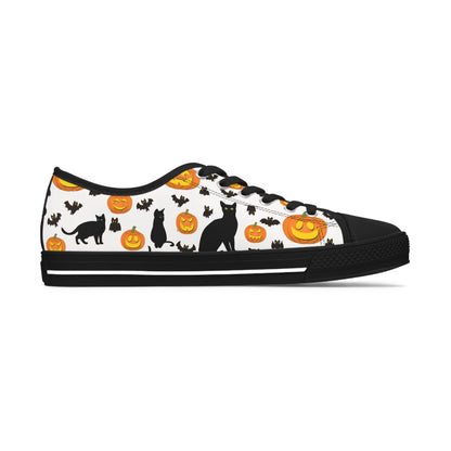 Womens Low Top Sneakers with Pumpkins Bats and Black Kitty Cat Pattern, Casual Halloween Lace Up Canvas Shoes for Fall Outfits - Printspirationz