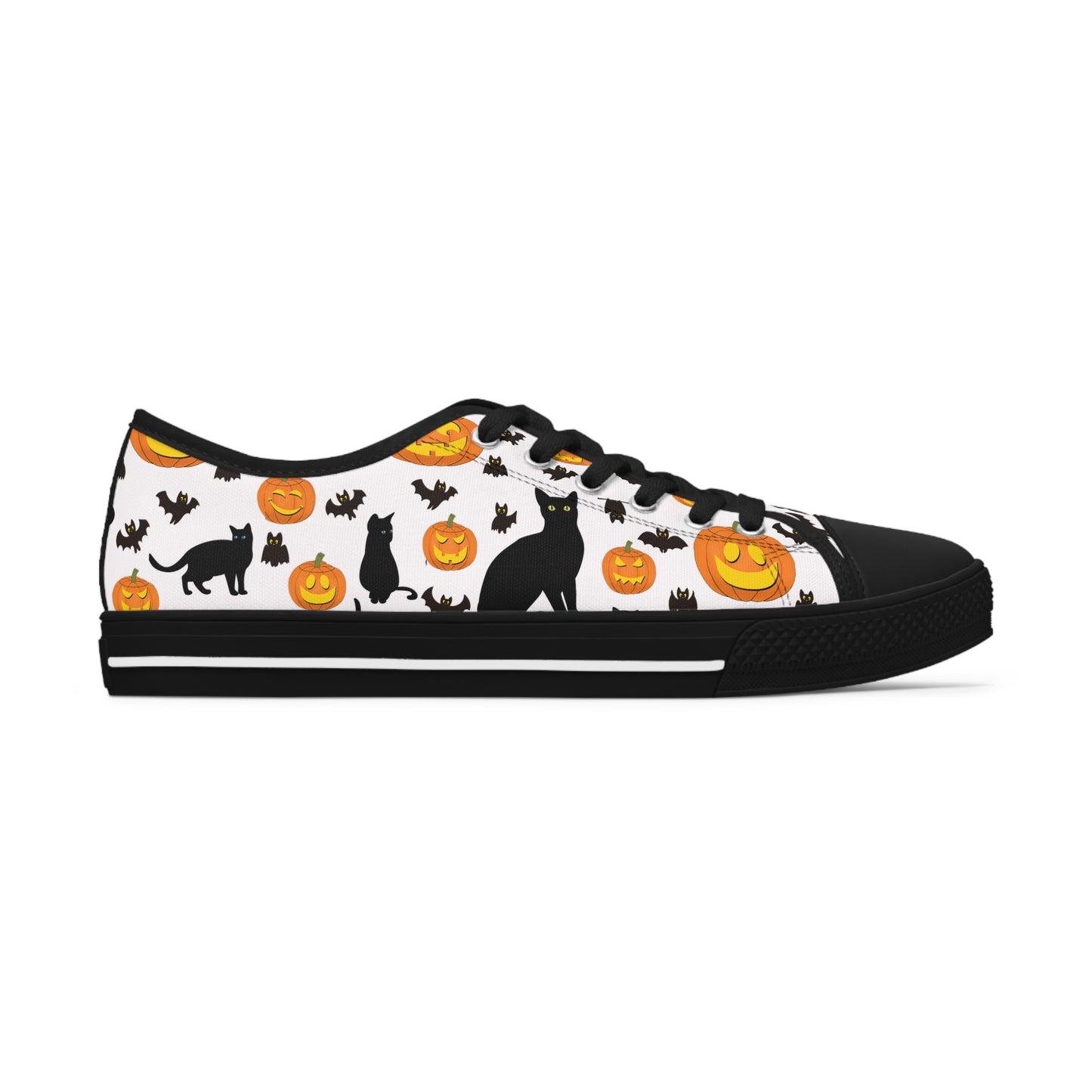 Womens Low Top Sneakers with Pumpkins Bats and Black Kitty Cat Pattern, Casual Halloween Lace Up Canvas Shoes for Fall Outfits - Printspirationz