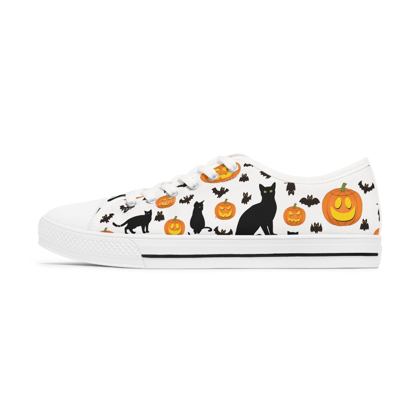 Womens Low Top Sneakers with Pumpkins Bats and Black Kitty Cat Pattern, Casual Halloween Lace Up Canvas Shoes for Fall Outfits - Printspirationz