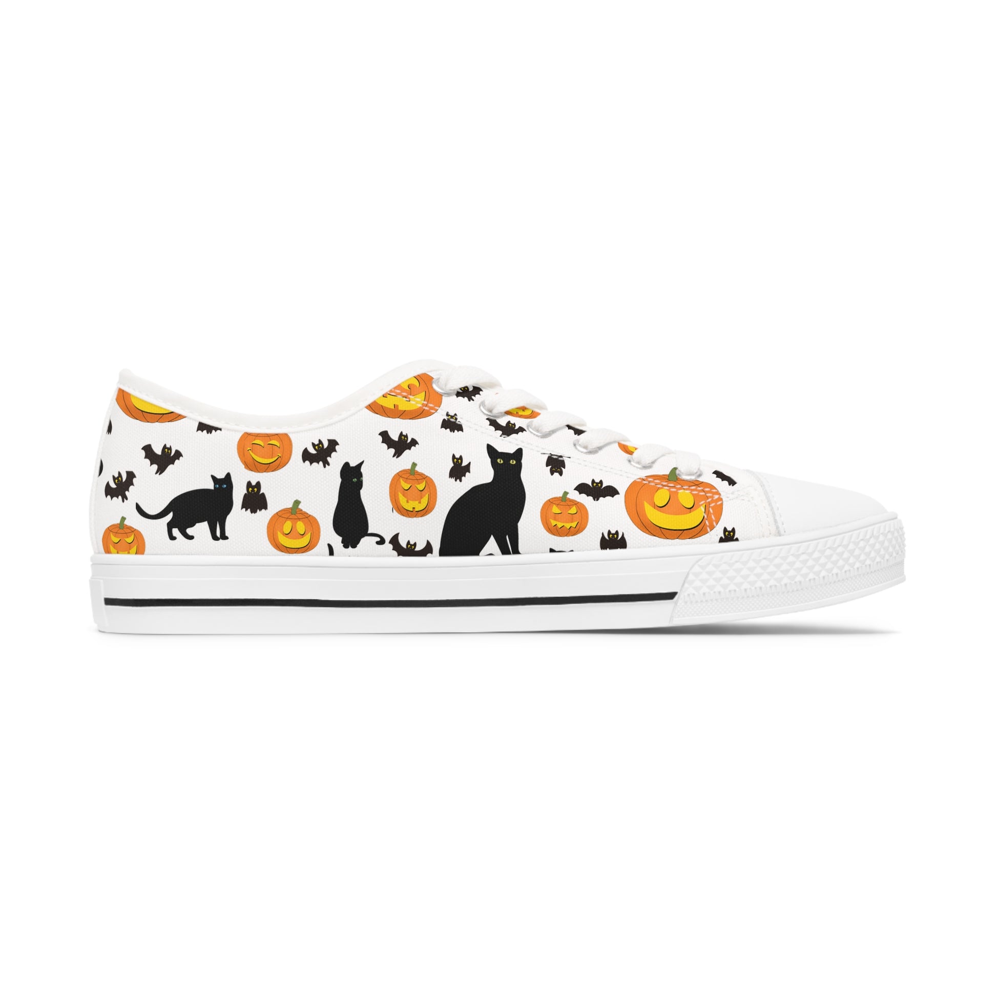 Womens Low Top Sneakers with Pumpkins Bats and Black Kitty Cat Pattern, Casual Halloween Lace Up Canvas Shoes for Fall Outfits - Printspirationz