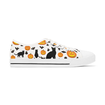 Womens Low Top Sneakers with Pumpkins Bats and Black Kitty Cat Pattern, Casual Halloween Lace Up Canvas Shoes for Fall Outfits - Printspirationz