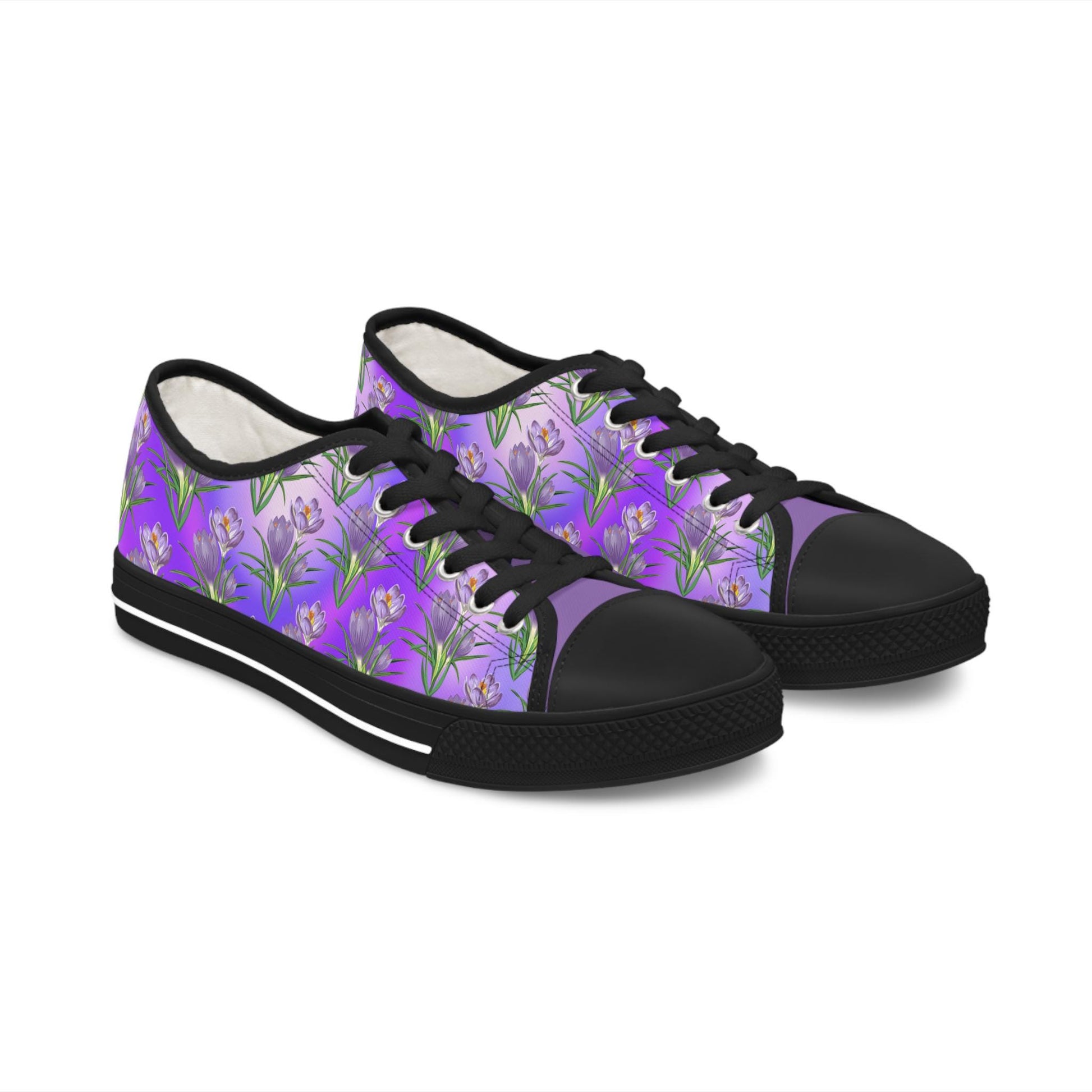 Womens Low Top Sneakers with Lavender Floral Pattern, Casual Lace Up Canvas Shoes for Spring and Summer Outfits - Printspirationz