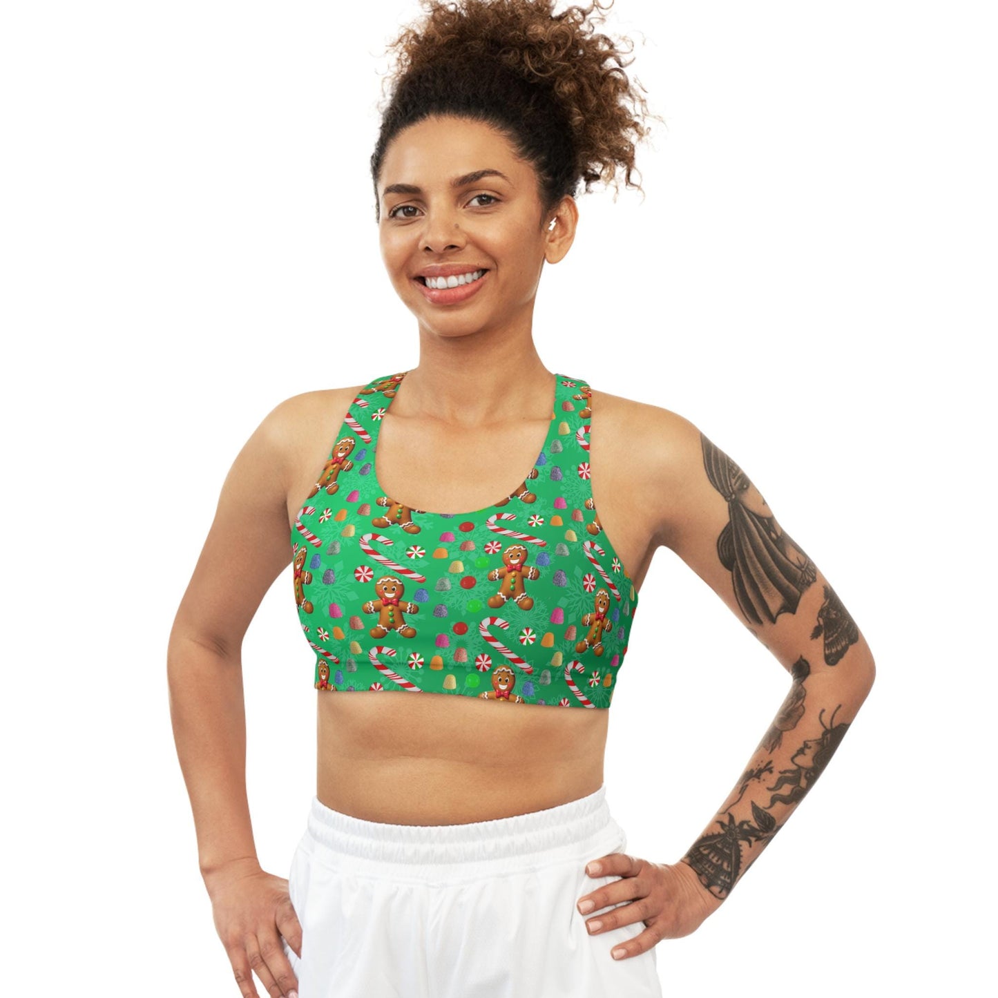 Christmas Gingerbread Man Seamless Sports Bra - Festive Holiday Workout Yoga Top, Xmas Candy Athletic Bra, Winter Gym Fitness Active Wear, - Printspirationz