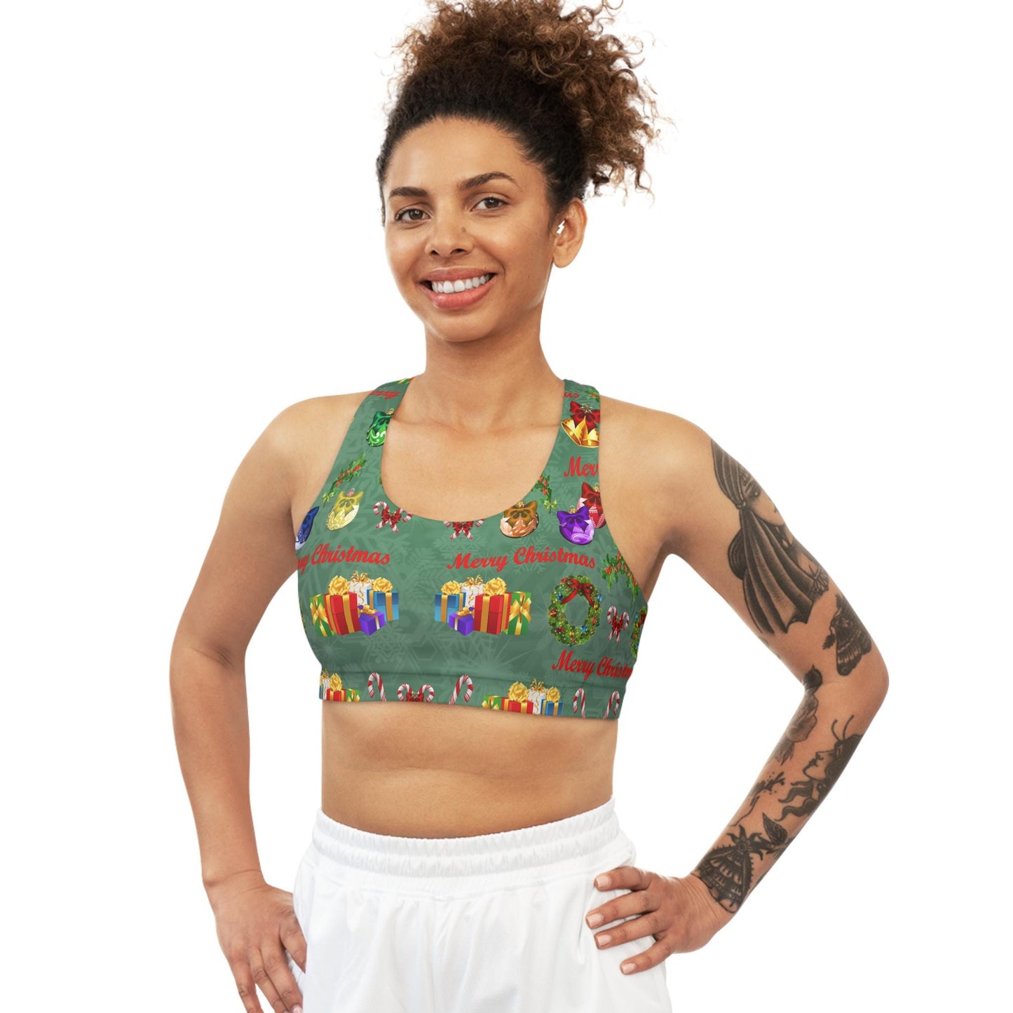Christmas Seamless Sports Bra, Festive Green Workout Top, Holiday Fitness Apparel, Xmas Yoga Tank, Gym Clothing, - Printspirationz