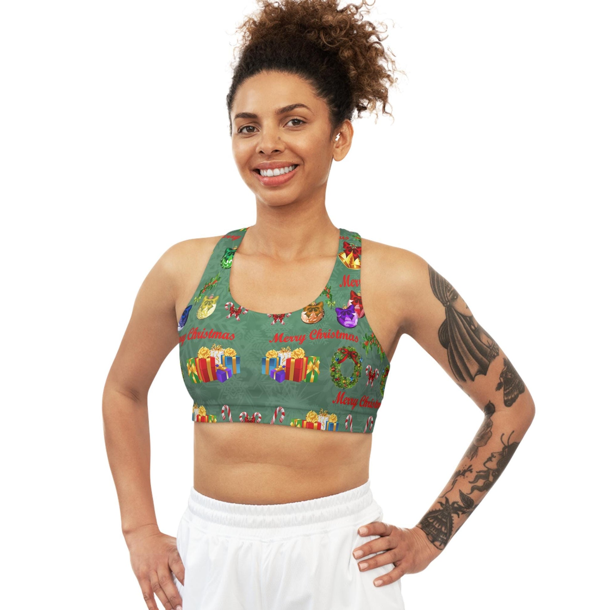 Christmas Seamless Sports Bra, Festive Green Workout Top, Holiday Fitness Apparel, Xmas Yoga Tank, Gym Clothing, - Printspirationz
