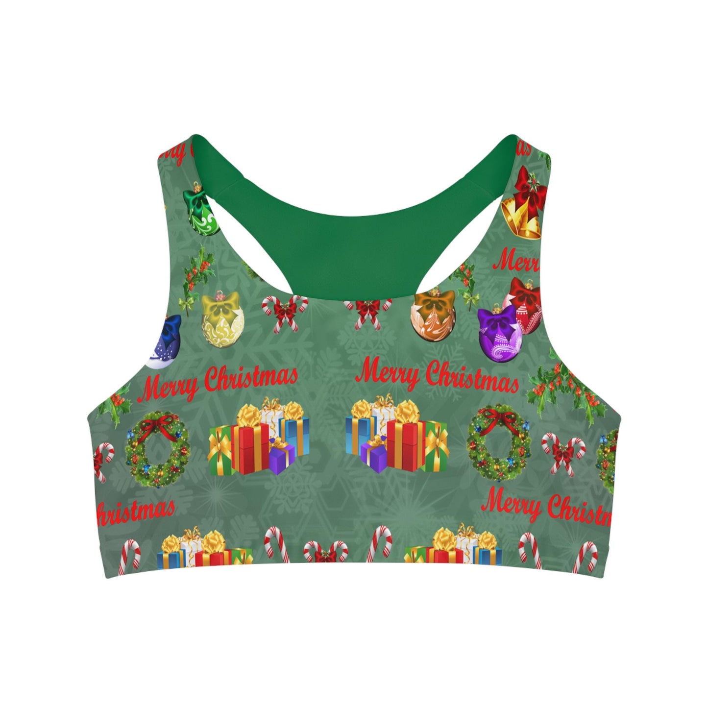 Christmas Seamless Sports Bra, Festive Green Workout Top, Holiday Fitness Apparel, Xmas Yoga Tank, Gym Clothing, - Printspirationz