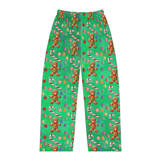 Green Christmas Gingerbread Man Women's Pajama Pants, Holiday Candy Sleepwear, Festive Lounge Bottoms, Xmas PJ Trousers, Winter Nightwear - Printspirationz