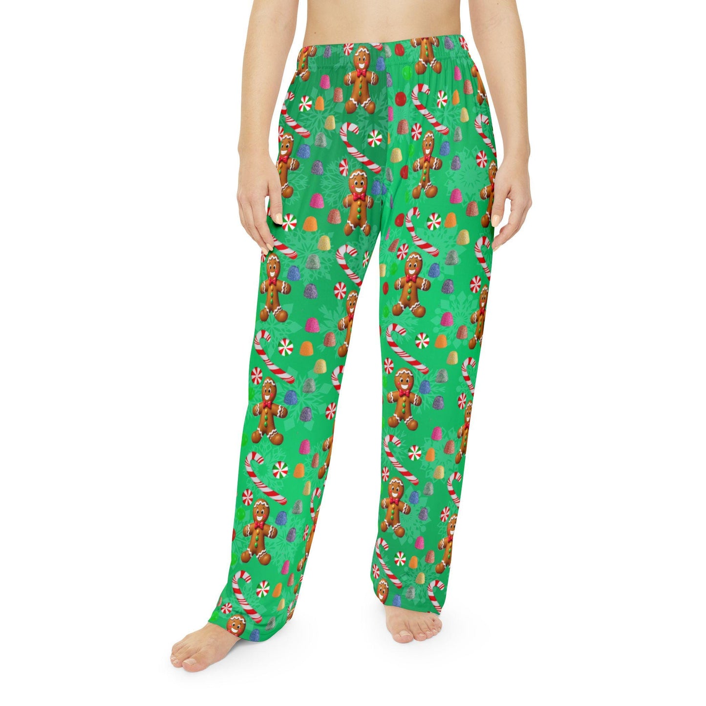 Green Christmas Gingerbread Man Women's Pajama Pants, Holiday Candy Sleepwear, Festive Lounge Bottoms, Xmas PJ Trousers, Winter Nightwear - Printspirationz