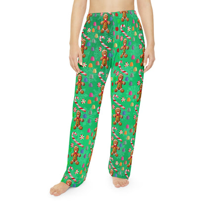 Green Christmas Gingerbread Man Women's Pajama Pants, Holiday Candy Sleepwear, Festive Lounge Bottoms, Xmas PJ Trousers, Winter Nightwear - Printspirationz