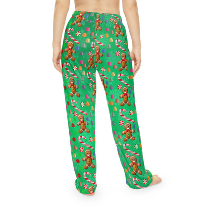Green Christmas Gingerbread Man Women's Pajama Pants, Holiday Candy Sleepwear, Festive Lounge Bottoms, Xmas PJ Trousers, Winter Nightwear - Printspirationz