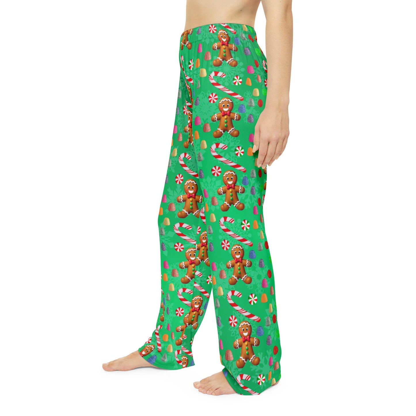 Green Christmas Gingerbread Man Women's Pajama Pants, Holiday Candy Sleepwear, Festive Lounge Bottoms, Xmas PJ Trousers, Winter Nightwear - Printspirationz