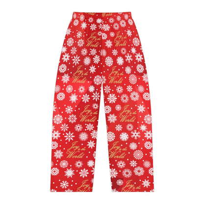 Red Joy to the World Women's Pajama Pants, Gold Elegant Lettering, Holiday Sleepwear, Christmas Lounge Pants, Red Snowflake PJ Bottoms - Printspirationz