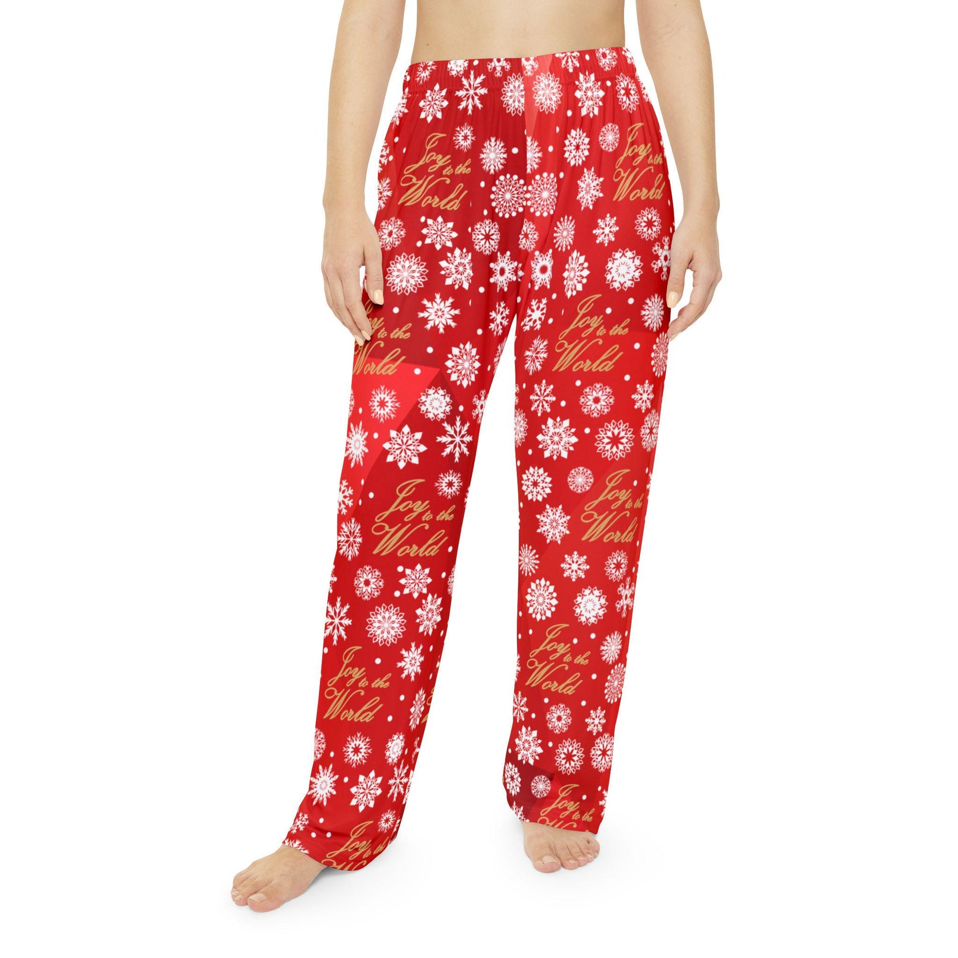 Red Joy to the World Women's Pajama Pants, Gold Elegant Lettering, Holiday Sleepwear, Christmas Lounge Pants, Red Snowflake PJ Bottoms - Printspirationz