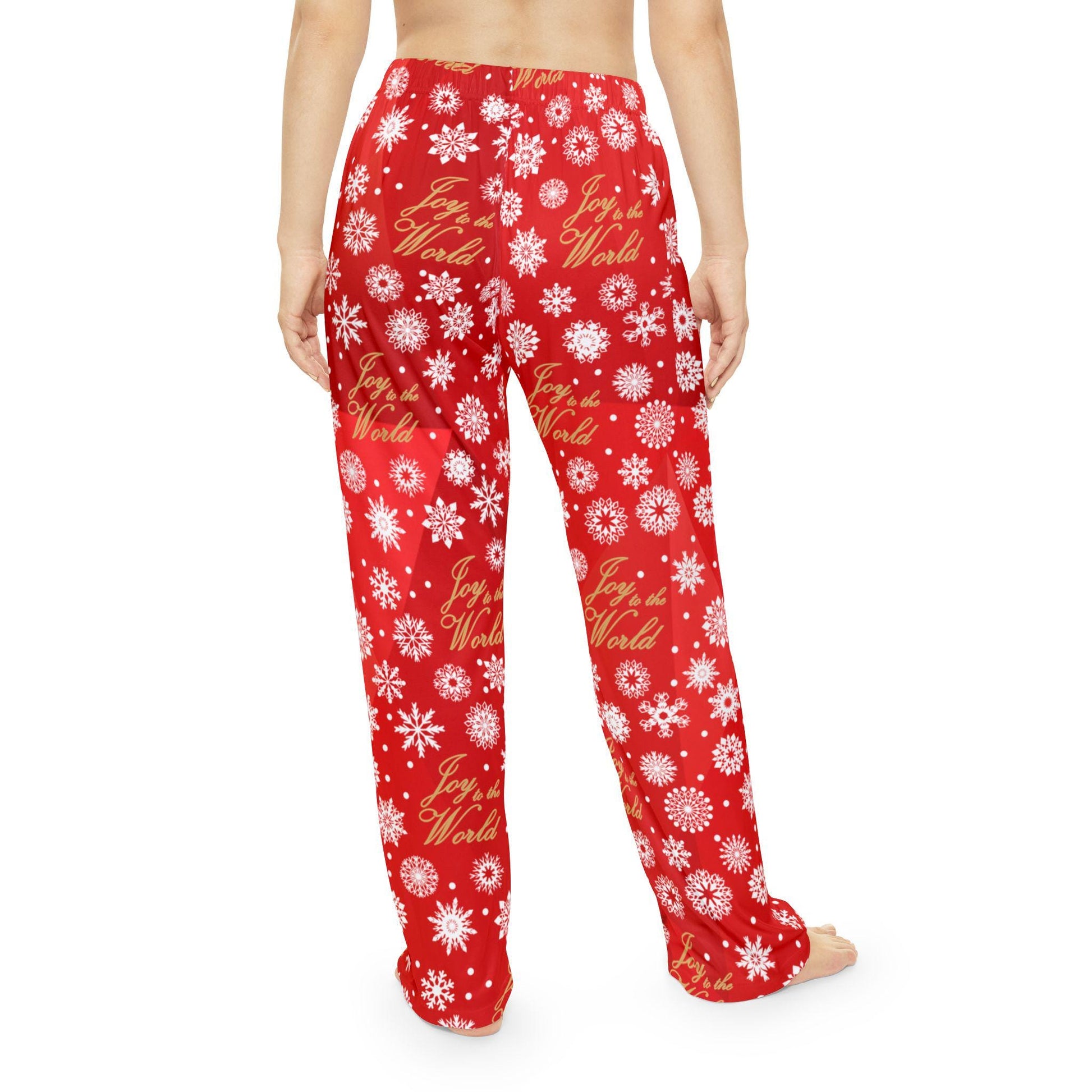 Red Joy to the World Women's Pajama Pants, Gold Elegant Lettering, Holiday Sleepwear, Christmas Lounge Pants, Red Snowflake PJ Bottoms - Printspirationz