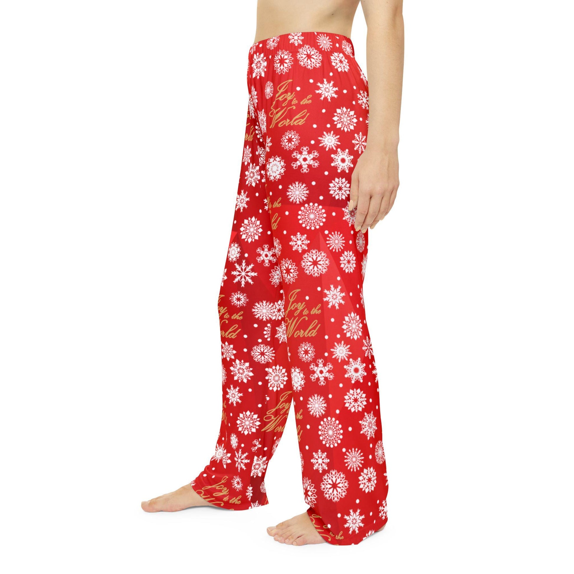 Red Joy to the World Women's Pajama Pants, Gold Elegant Lettering, Holiday Sleepwear, Christmas Lounge Pants, Red Snowflake PJ Bottoms - Printspirationz