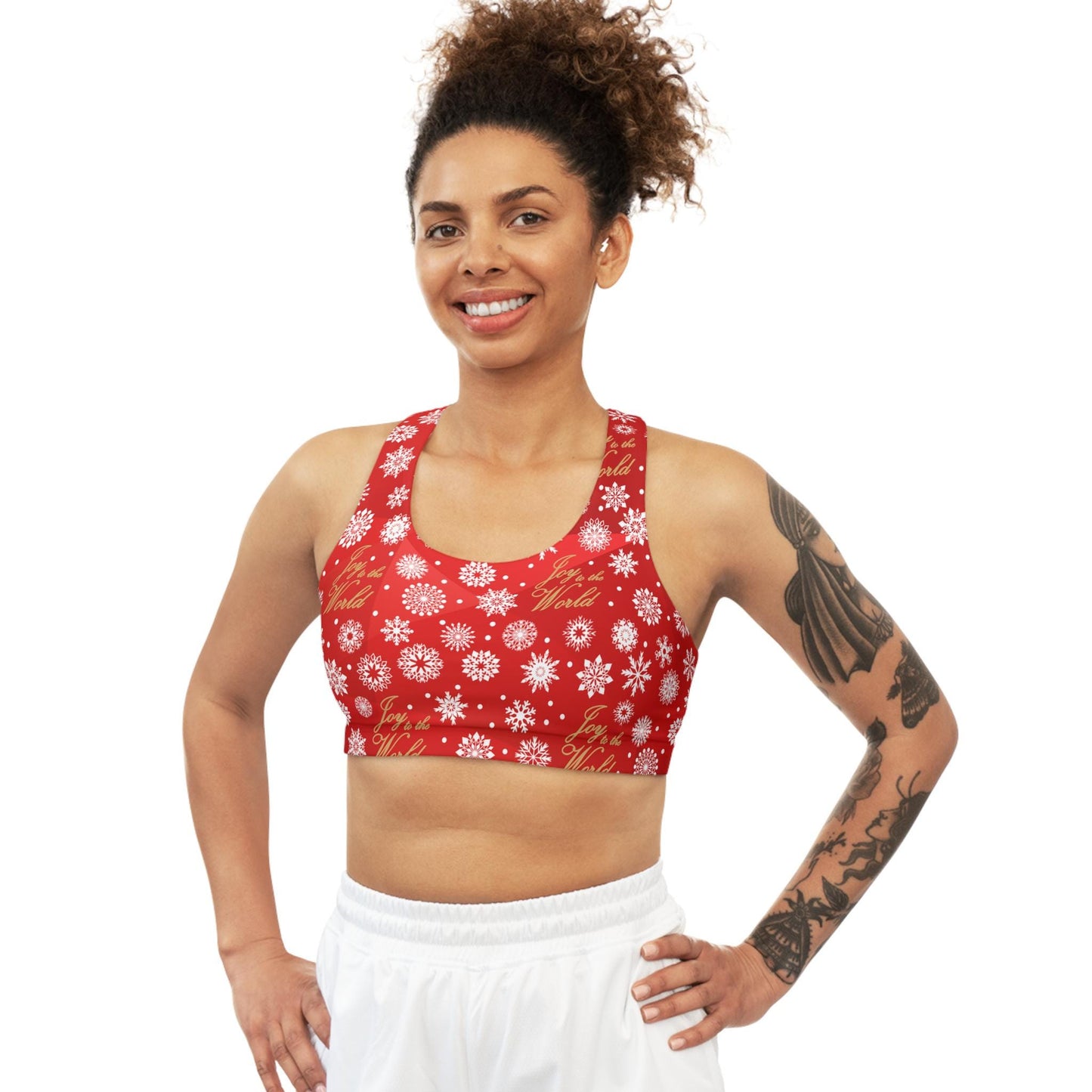 Sports Bra, Joy to the World Red Seamless Active Wear Yoga Top, Workout Fitness Pilates, Gym Athletic Bralette, Christmas Holiday Gift - Printspirationz