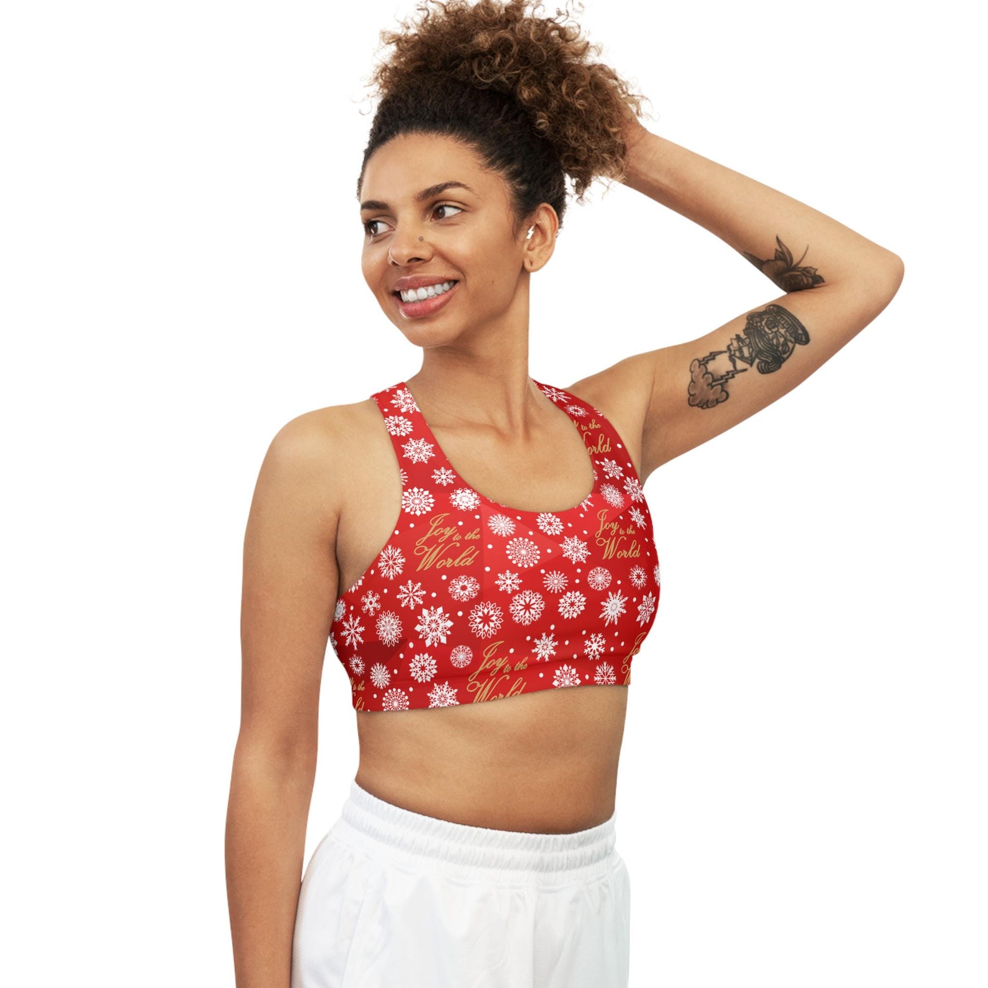 Sports Bra, Joy to the World Red Seamless Active Wear Yoga Top, Workout Fitness Pilates, Gym Athletic Bralette, Christmas Holiday Gift - Printspirationz