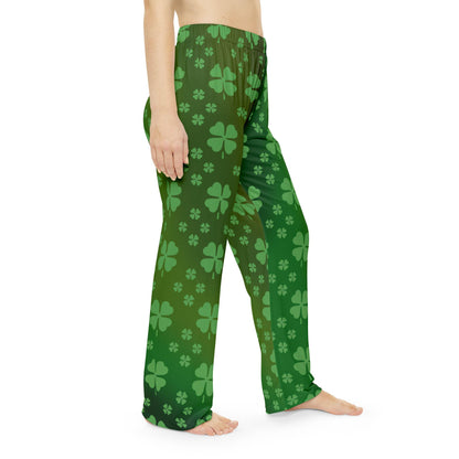 Women's Pajama Pants, St. Patrick's Day Shamrock Pattern, Green Lucky Clovers, Irish Holiday Sleepwear, Lounge Bottoms, Comfy PJ Trousers - Printspirationz