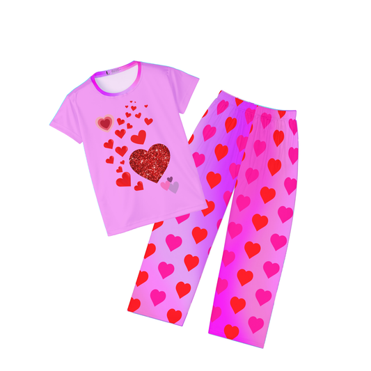 Pink Heart Print Women's Pajama Pants, Valentine's Day Lounge Sleepwear, Red Hearts on Pink Gradient, Cute PJ Bottoms, Cozy Nightwear - Printspirationz