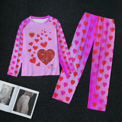 Red Hearts on Pink Gradient Women's Pajama Pants, Valentine's Day Lounge wear, Women's Matching Top and Pants long sleeves loungewear, 2 pc