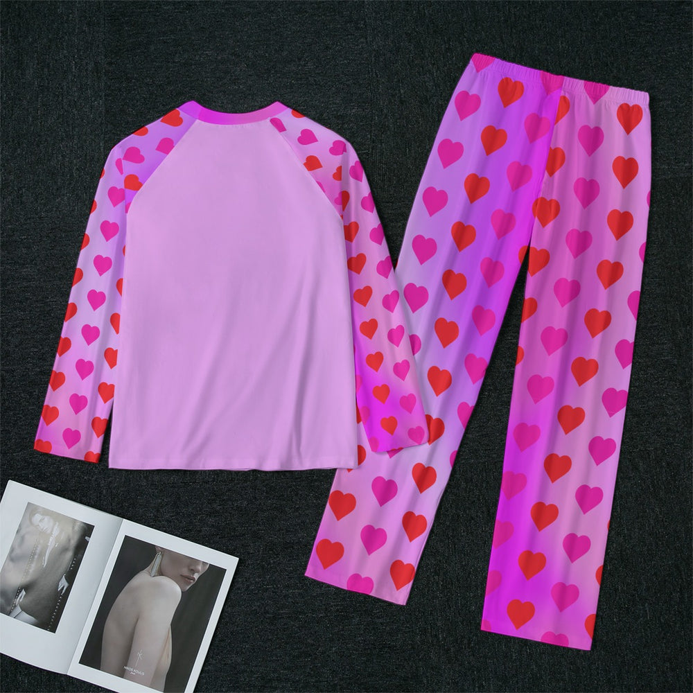 Red Hearts on Pink Gradient Women's Pajama Pants, Valentine's Day Lounge wear, Women's Matching Top and Pants long sleeves loungewear, 2 pc
