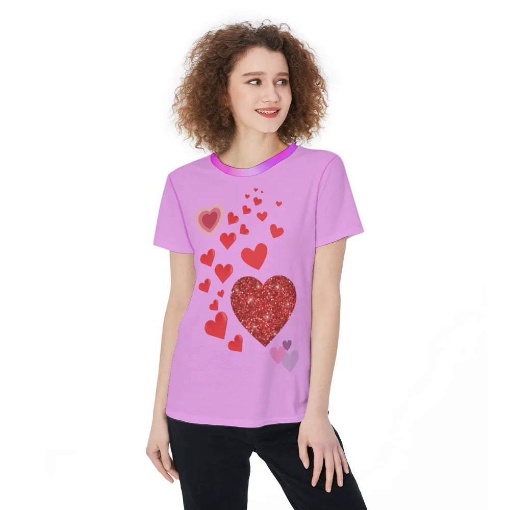 Women’s Sports Jersey Tee – Cute Hearts Pattern on Pink Background, Fun & Playful Style