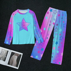 Celestial Dreams Pajama Set | Stars Pattern on Blue Pink Purple Ombre, Women's Raglan Sleeve With Wide Ankles loungewear, 2 pc