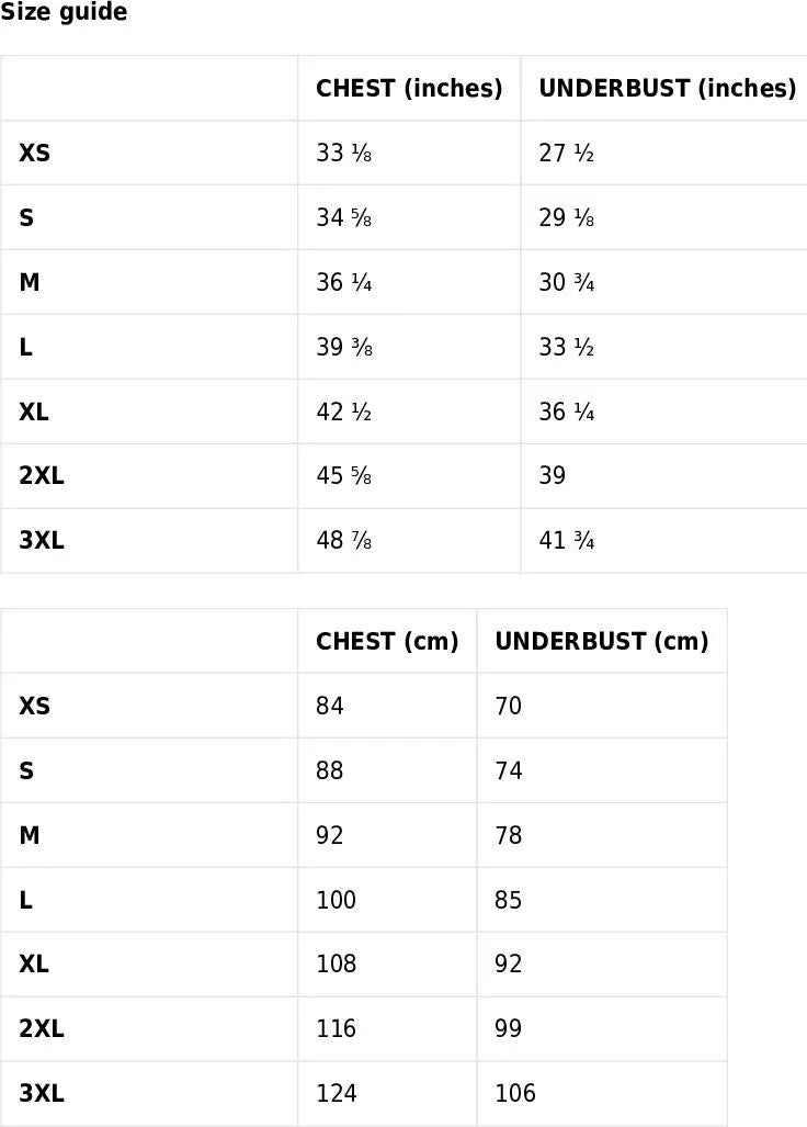 Exercise Bra Size Chart