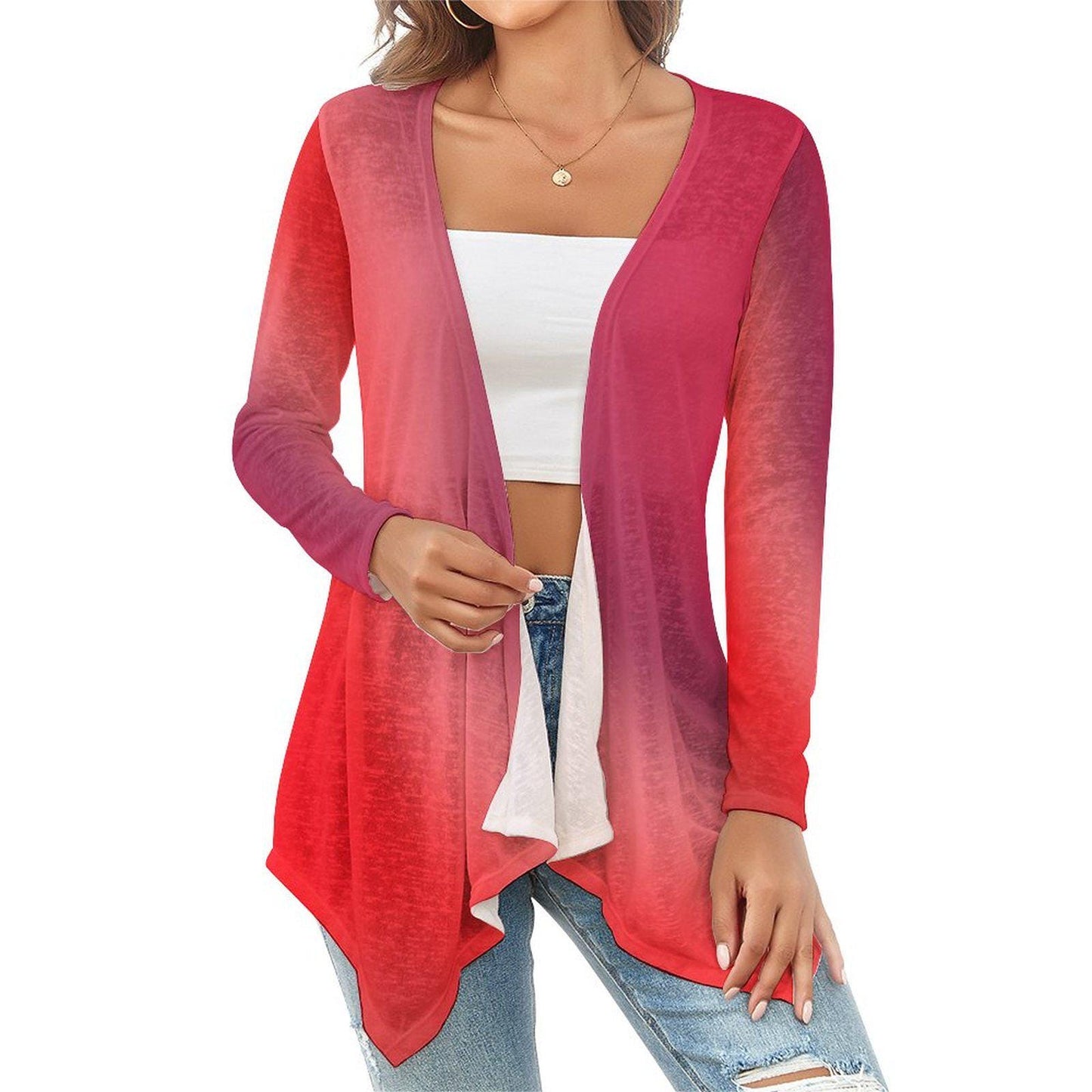 Woman wearing a red gradient cardigan over a white top and blue jeans on a white background -Printspirationz
