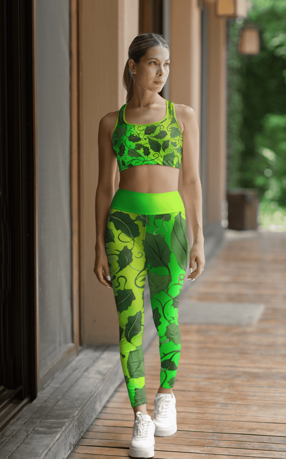 High Waist Leggings with Green Leaves - Nature Inspired Yoga Pants