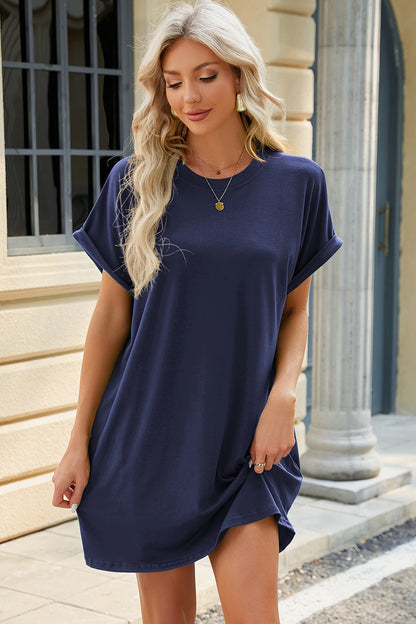 Round Neck Rolled Short Sleeve Tee Dress - Printspirationz