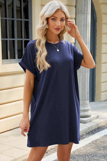 Round Neck Rolled Short Sleeve Tee Dress - Printspirationz