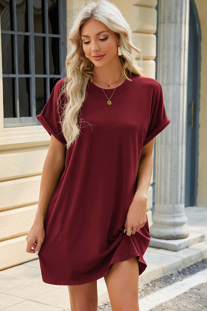 Round Neck Rolled Short Sleeve Tee Dress - Printspirationz