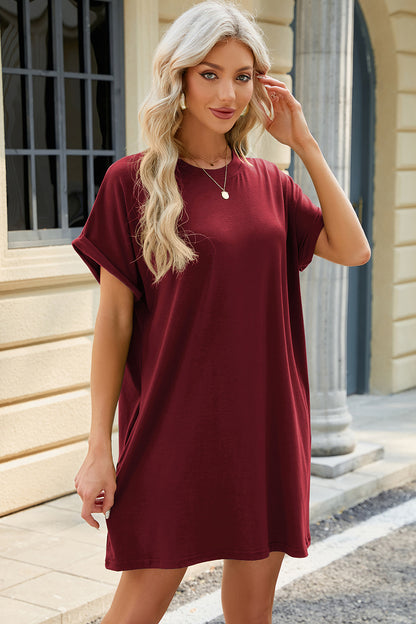 Round Neck Rolled Short Sleeve Tee Dress - Printspirationz