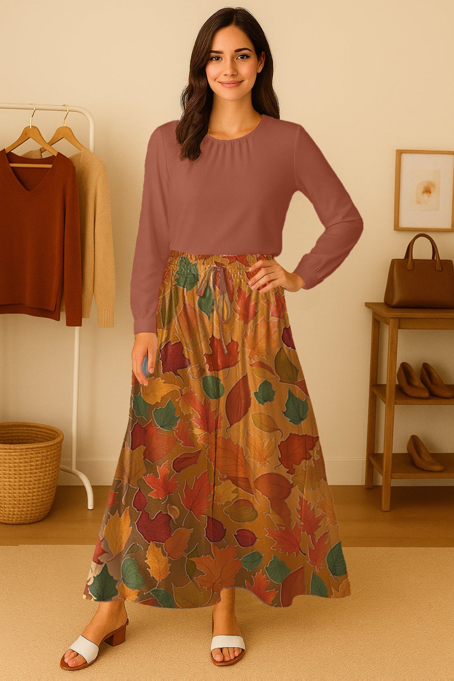 Woman wearing a long brown fall leaf l skirt with a neutral background- Printspirationz