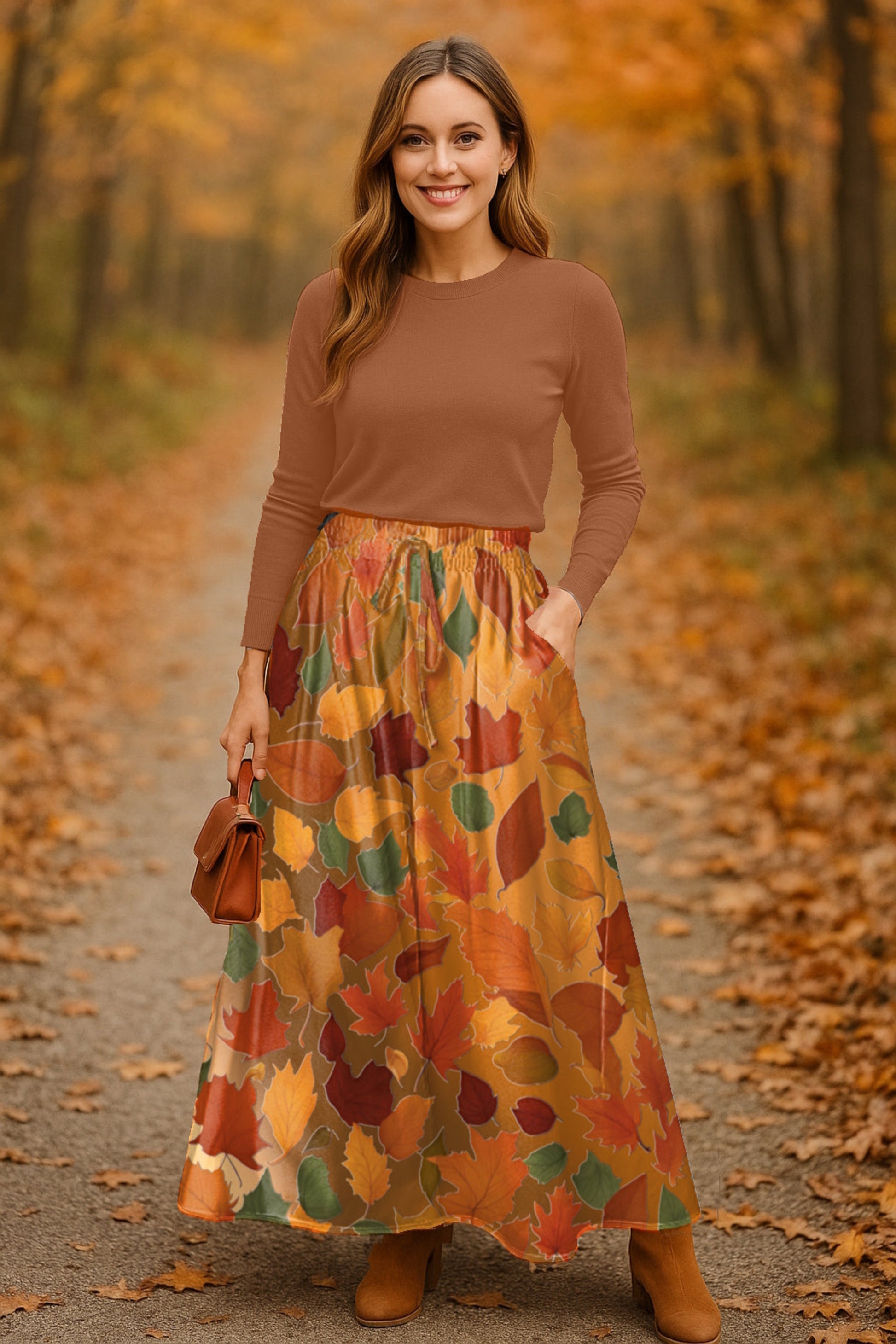 Woman in a floral skirt and burnt orange  top and long brown fall leaf skirt standing in an autumn forest- Printspirationz