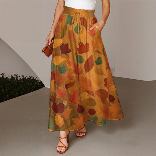 Women's Ruffled Wide-Leg Brown Fall Leaves Pants - Printspirationz