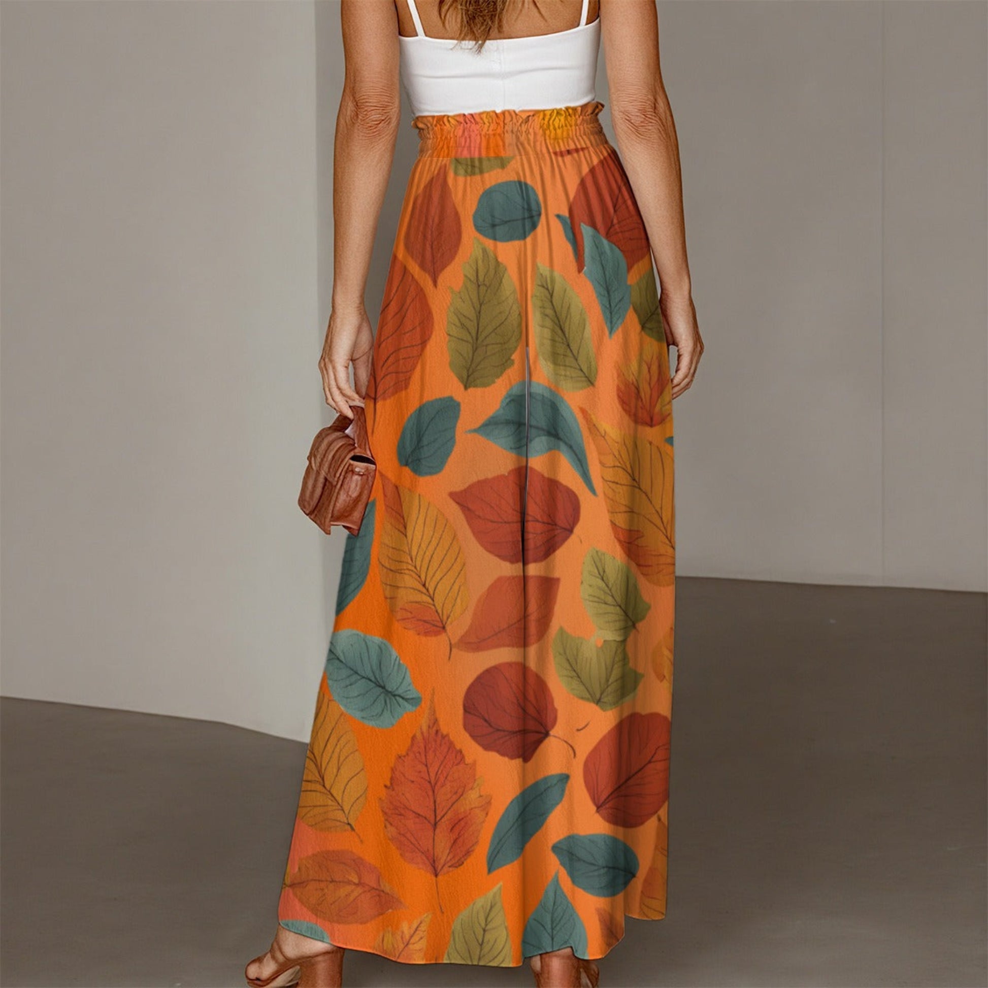 Women's Ruffled Orange Fall Leaves Wide-Leg Pants Back - Printspirationz