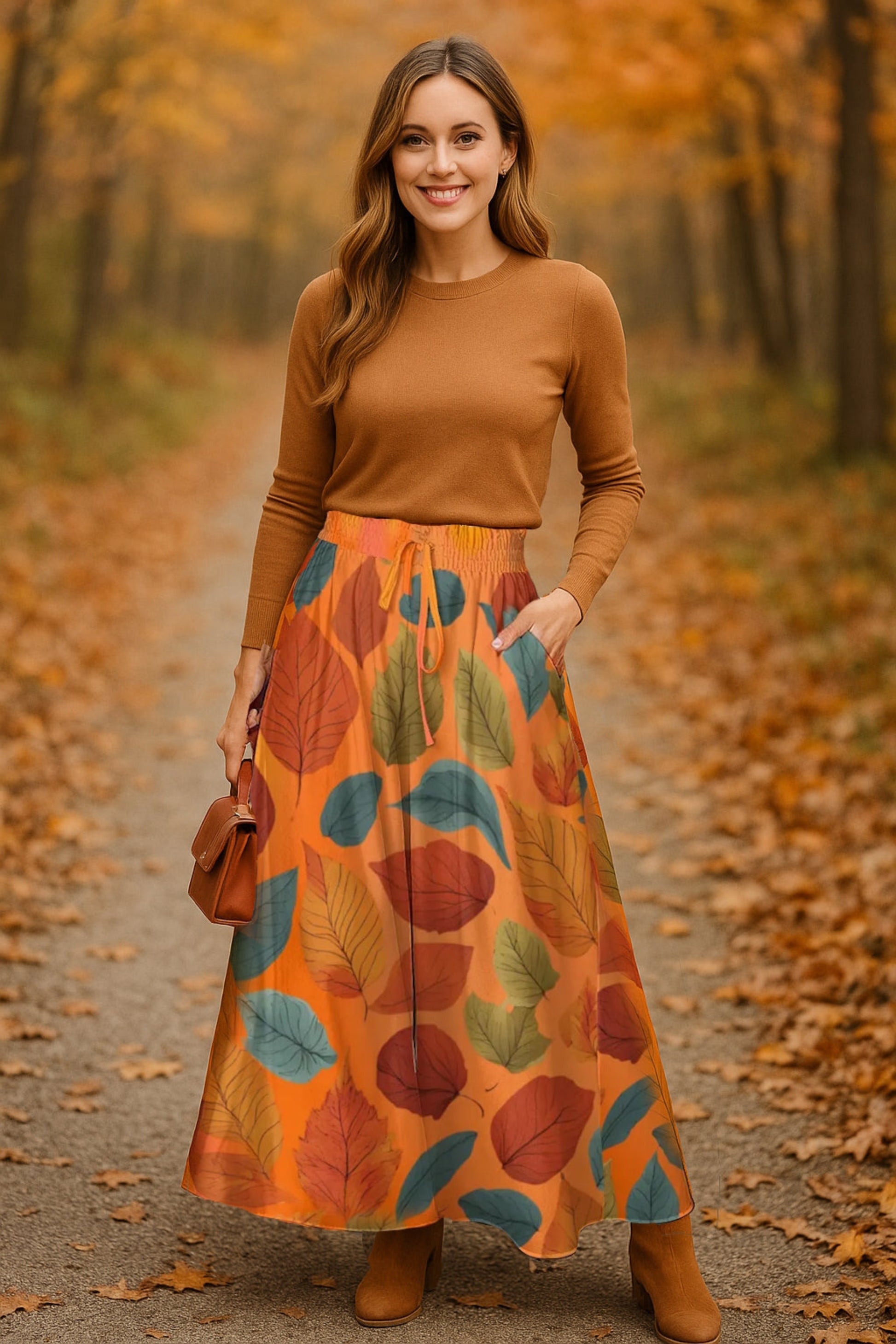 Woman in a brown sweater and long orange leaf-patterned skirt standing in an autumn forest.