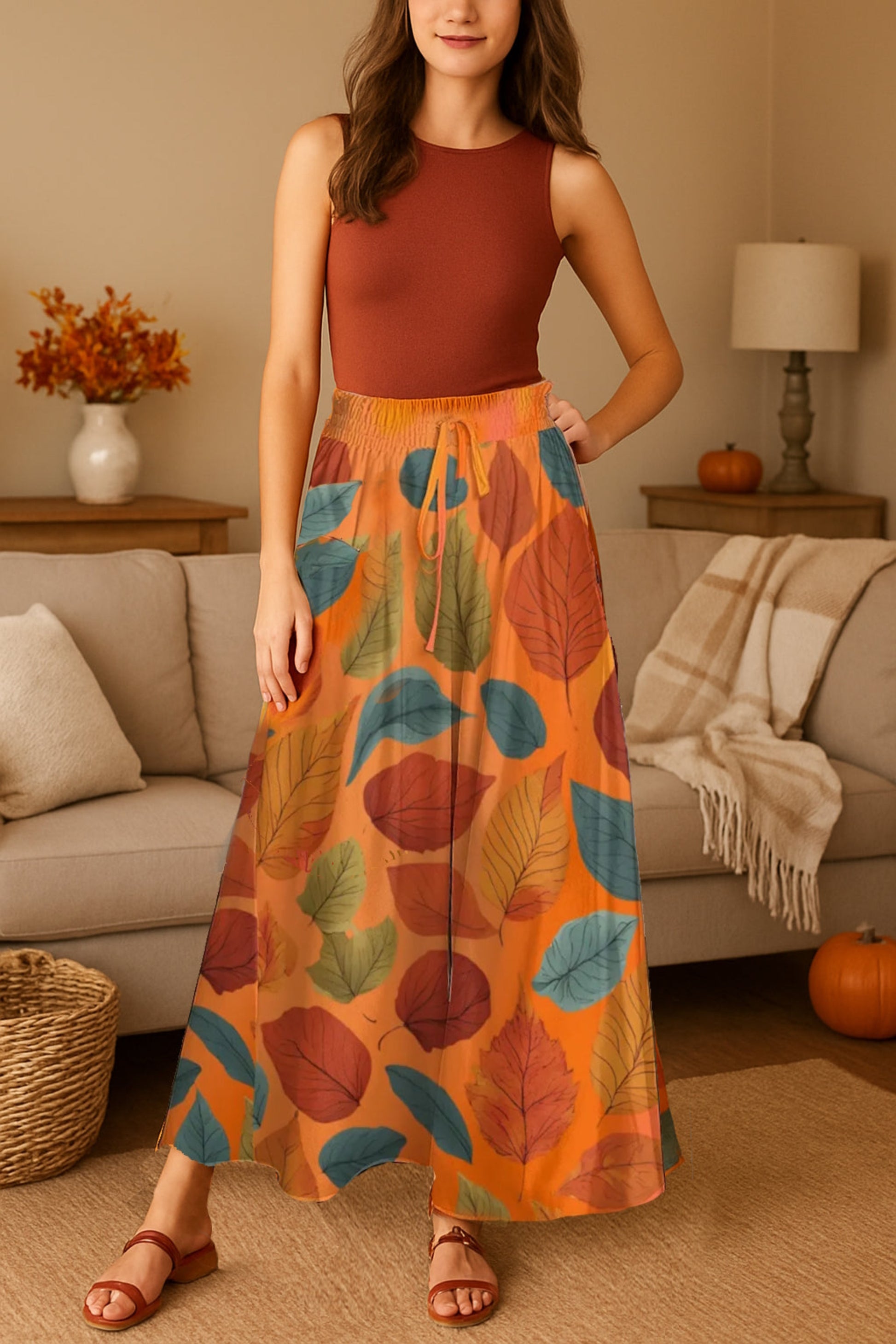 Woman wearing a brown sleeveless top and colorful leaf-patterned skirt in a cozy living room- Printspirationz