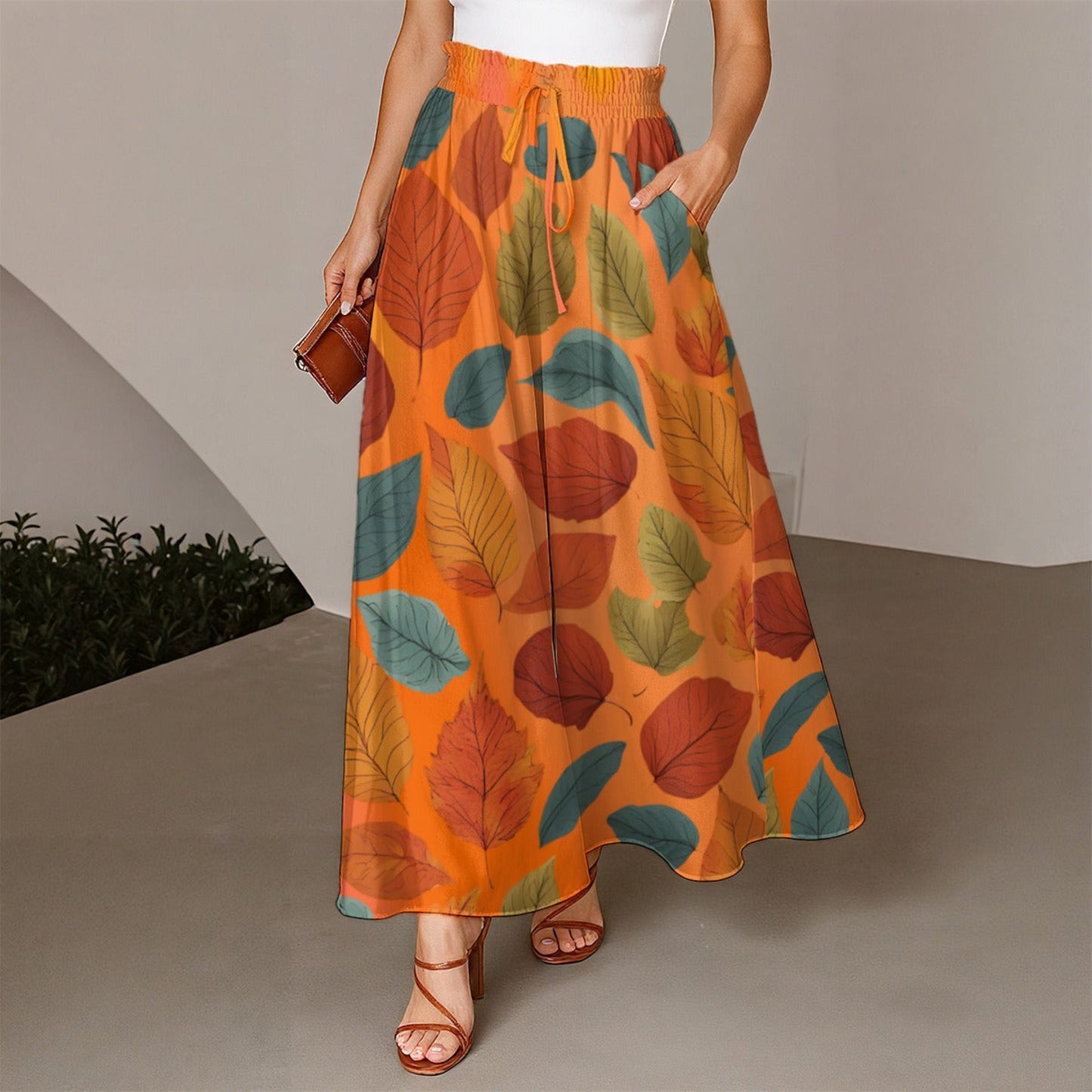 Women's Ruffled Wide-Leg Orange Fall Leaves Pants - Printspirationz