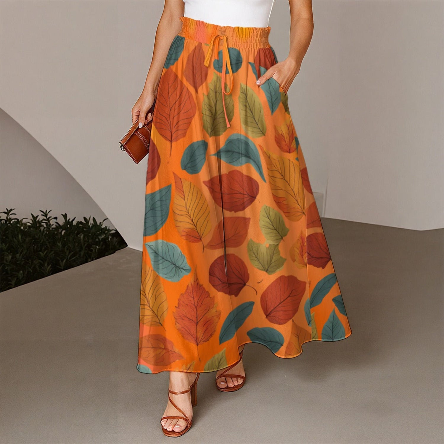 Women's Ruffled Wide-Leg Orange Fall Leaves Pants - Printspirationz