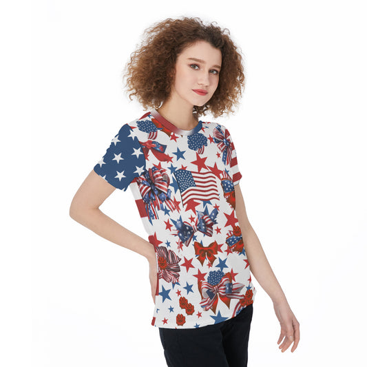 American Patriotic Tee - USA Flag Inspired Round Neck T-Shirt For Women - Lightweight, Casual, Festive Independence Day Sports Jersey Gym Workout Top - Lightweight and Trendy! - Printspirationz
