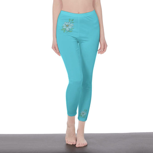 Turquoise Stylish Floral Decal Casual Solid Leggings for Women - Exercise Pants, Skinny Fit, Sporty, Yoga Pants - Comfy Everyday Wear - Printspirationz