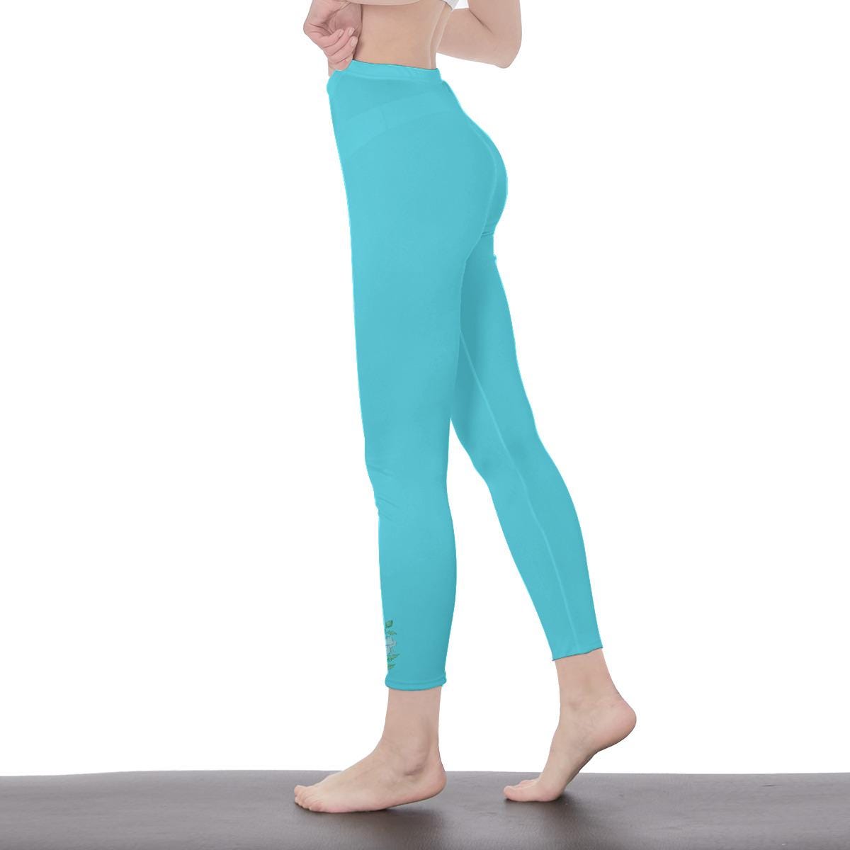 Turquoise Stylish Floral Decal Casual Solid Leggings for Women - Exercise Pants, Skinny Fit, Sporty, Yoga Pants - Comfy Everyday Wear - Printspirationz