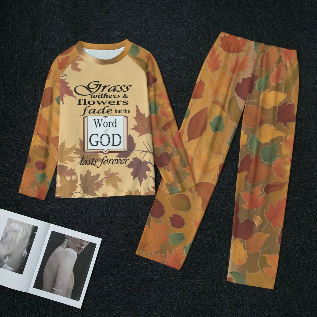Beige Pajama Set: Autumn Leaves  Christian Thanksgiving Sleepwear - Women's Matching Top and Pants long sleeves loungewear, bible verse - Printspirationz
