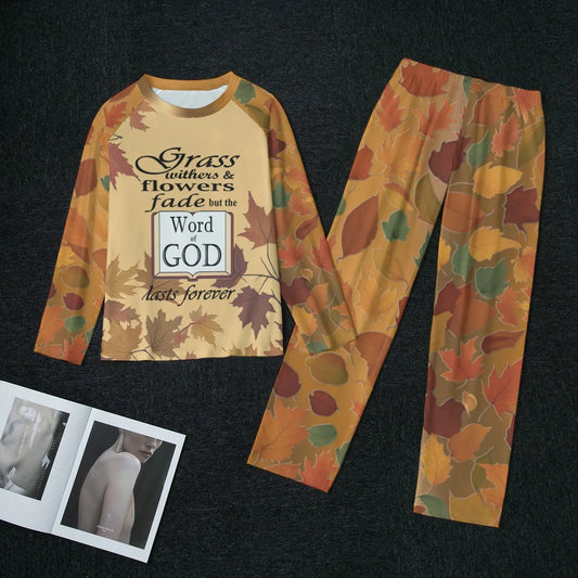 Beige Pajama Set: Autumn Leaves  Christian Thanksgiving Sleepwear - Women's Matching Top and Pants long sleeves loungewear, bible verse - Printspirationz